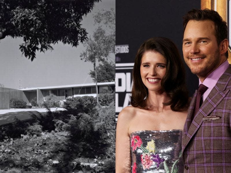 L: Craig Ellwood, Zimmerman House (Los Angeles, Calif.), 1953.
R: Chris Pratt and Katherine Schwarzenegger, at the premiere of 'Guardians of the Galaxy Vol. 3' in Los Angeles, California, US, April 27, 2023.