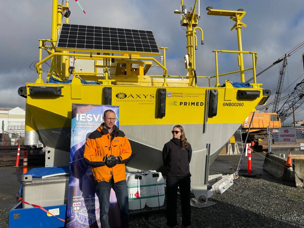 Researchers explain their plan for the wind buoy to media on Wednesday, Nov. 10, 2021. (Liz McArthur/CBC - image credit)