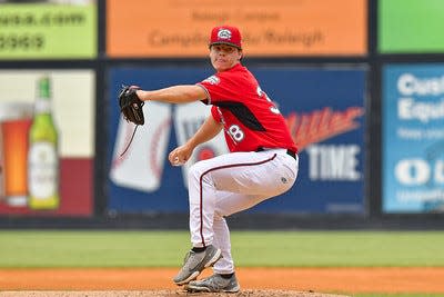 Milwaukee Brewers minor-league pitcher Logan Henderson works during a 2023 game for the Carolina Mudcats.