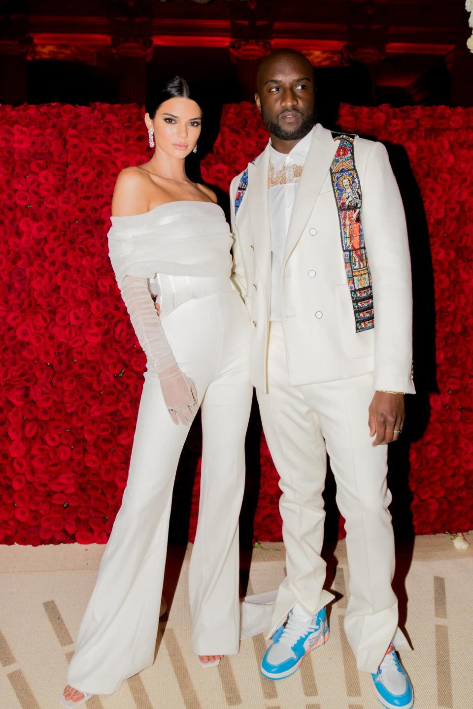 <p>Kendall Jenner attended the 2018 Met Gala with Virgil Abloh wearing a custom Off-White Jumpsuit, and Off-White x Jimmy Choo heels.</p>