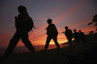 South Korean Marines patrol on Yeonpyeong Island, South Korea, Tuesday, June 16, 2020. North Korea blew up an inter-Korean liaison office building just north of the heavily armed border with South Korea on Tuesday in a carefully choreographed display of anger that sharply raises tensions on the Korean Peninsula and puts pressure on Washington and Seoul amid deadlocked nuclear diplomacy. (Kim In-chul/Yonhap via AP)