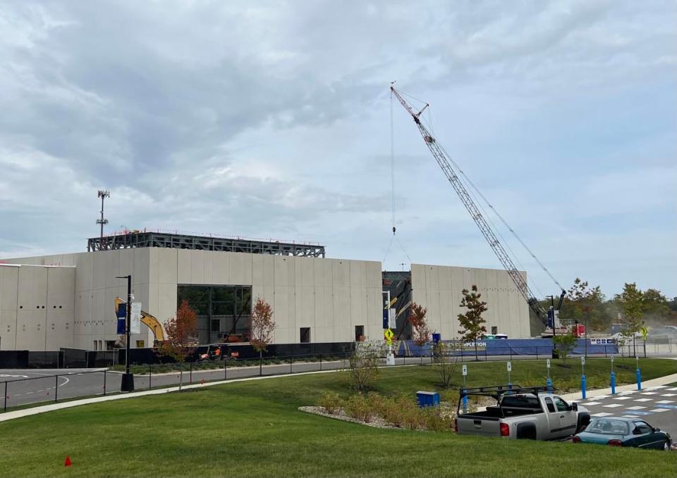 Work continues on a football-themed water park at the Hall of Fame Village in Canton. The $117 million project is part of the overall entertainment campus and development at the Village, which includes restaurants, rides and an indoor sports and event complex.