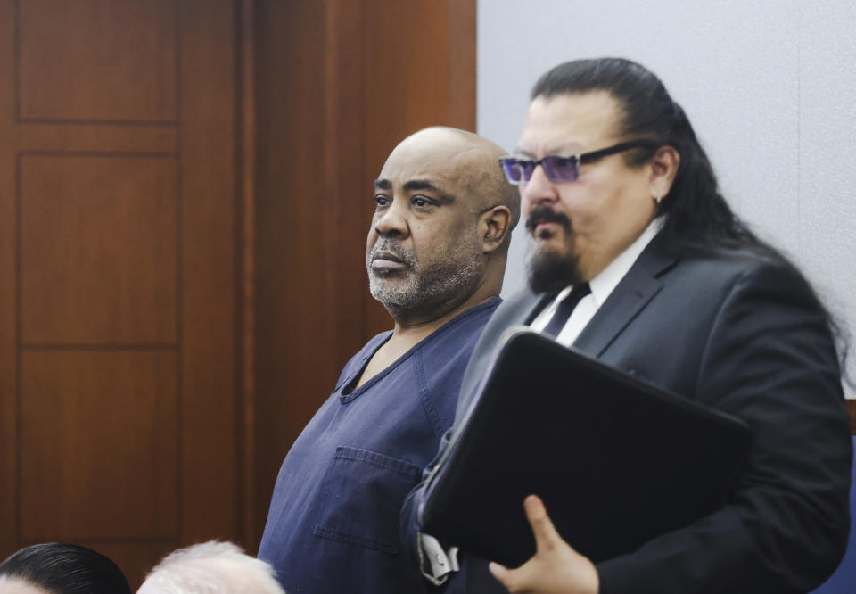Duane “Keffe D” Davis, who is accused of orchestrating the 1996 slaying of hip-hop music icon Tupac Shakur, appears in court next to his attorney Charles Cano for a hearing at the Regional Justice Center in Las Vegas, Tuesday, Jan. 9, 2024. (Rachel Aston/Las Vegas Review-Journal via AP, Pool)