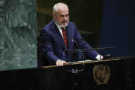 Albanian Prime Minister Edi Rama addresses the 74th session of the United Nations General Assembly, Friday, Sept. 27, 2019, at the United Nations headquarters. (AP Photo/Frank Franklin II)