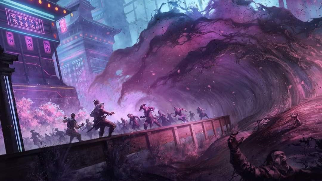  Art from Invoke Despair Magic The Gathering, a purple wave washes over a city. 