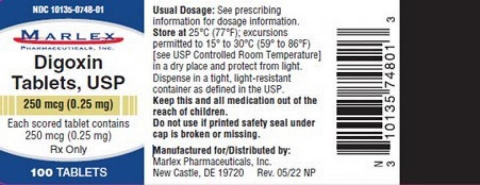 The label for Marlex Pharmaceuticals Digoxin 0.25 mg strength.