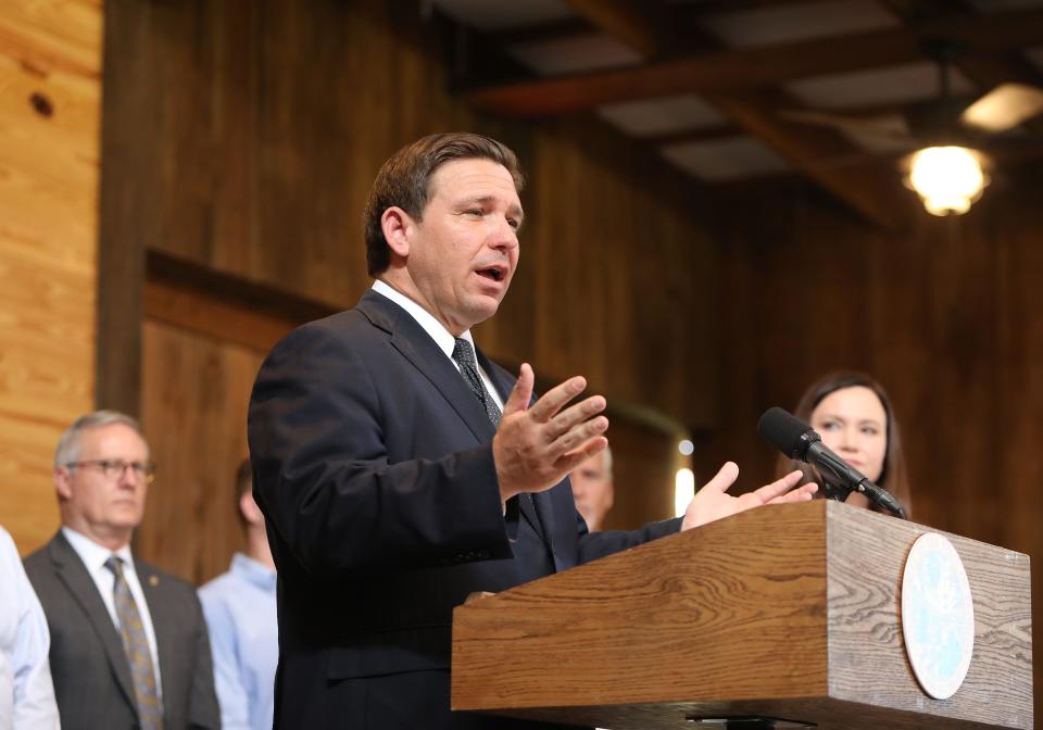 Florida Governor Ron DeSantis delivers comments during an anti vaccine mandate rally held at Clark Plantation in Newberry, Fla. Sept. 13, 2021. Gov. Ron DeSantis was in town during the morning to congratulate the University of Florida for reaching Top 5 status, and then spoke to a couple hundred supporters about vaccine mandates and lambasted the City of Gainesville for threatening to fire city employees who did not get the Covid-19 vaccine.