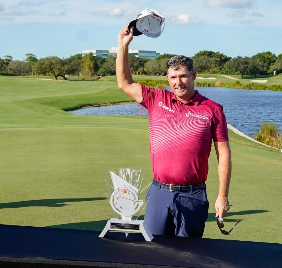 Padraig Harrington waves to the crowd after the final round of the TimberTech Championship at The Old Course at Broken Sound on Sunday, November 5, 2023, in Boca Raton, FL.