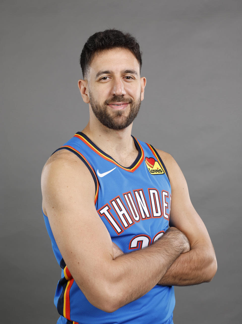 Oct 2, 2023; Oklahoma City, OK, USA; Oklahoma City Thunder guard Vasilije Micic poses for a photo during media day at Oklahoma City Convention Center. Mandatory Credit: Alonzo Adams-USA TODAY Sports