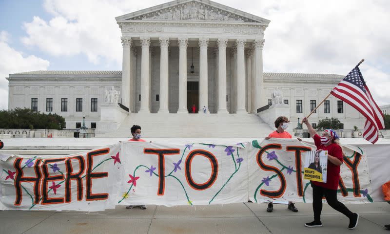 DACA recipients and supporters celebrate outside U.S. Supreme Court after the court ruled that U.S. President Trump's move to rescind the Deferred Action for Childhood Arrivals (DACA) program is illegal in Washington