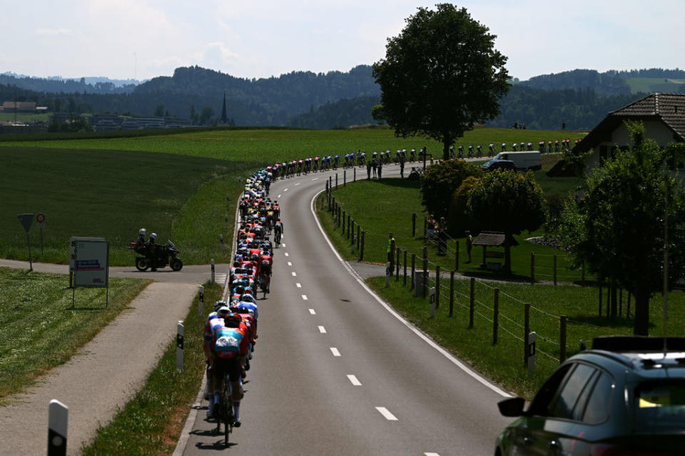 NOTTWIL SWITZERLAND  JUNE 12 A general view of the peloton competing during the 86th Tour de Suisse 2023 Stage 2 a 1737km stage from Beromnster to Nottwil  UCIWT  on June 12 2023 in Nottwil Switzerland Photo by Dario BelingheriGetty Images