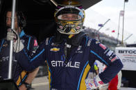 Conor Daly waits for his crew to ready his car during practice for the IndyCar auto race at Indianapolis Motor Speedway in Indianapolis, Friday, May 20, 2022. (AP Photo/Michael Conroy)