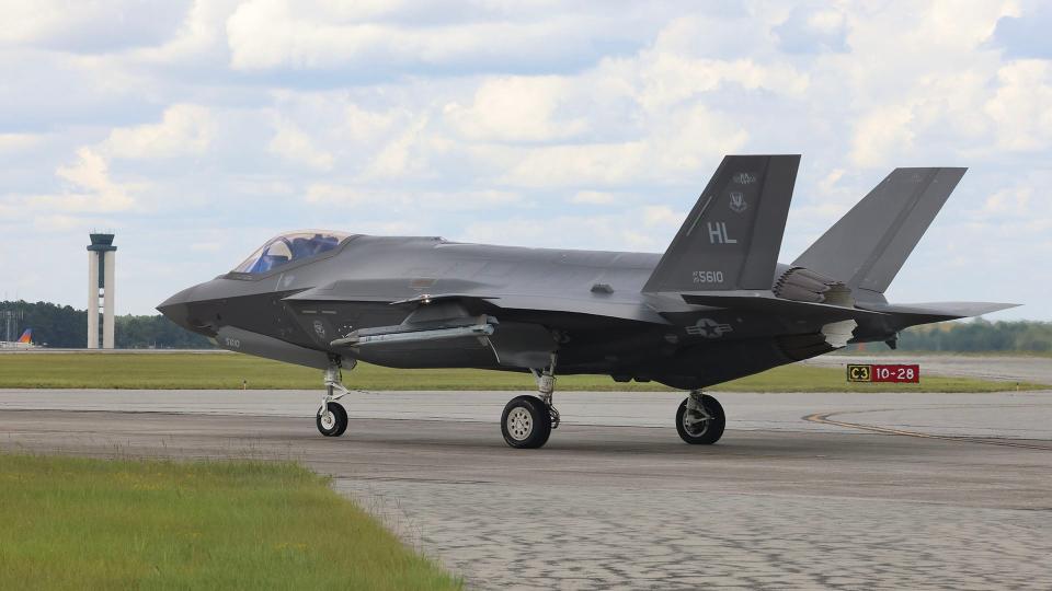 An F-35A from the Hill team taxies out during William Tell. <em>James Deboer</em>