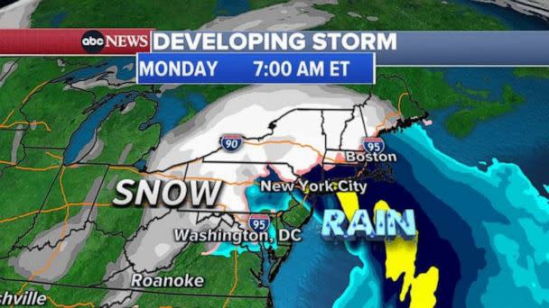 PHOTO: ABC News Developing Storm Alert map for Monday, 7:00AM ET. (ABC News)