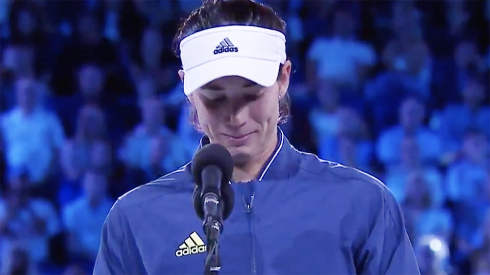 Garbine Muguruza, pictured here fighting back tears in her Australian Open runner-up speech.