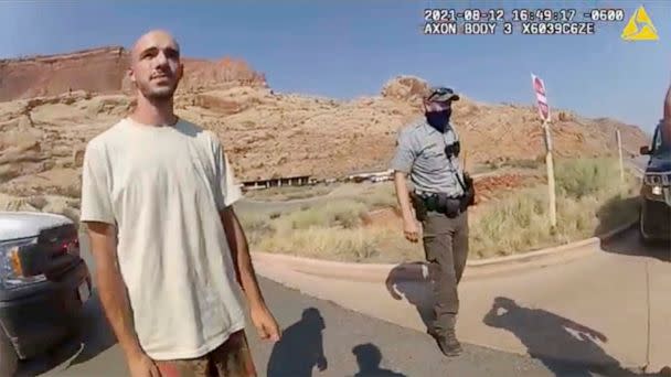 PHOTO: This screen shot from a video provided by The Moab Police Department shows Brian Laundrie  talking to a police officer after being pulled over near the entrance to Arches National Park on Aug. 12, 2021. (Moab Police Department via AP)