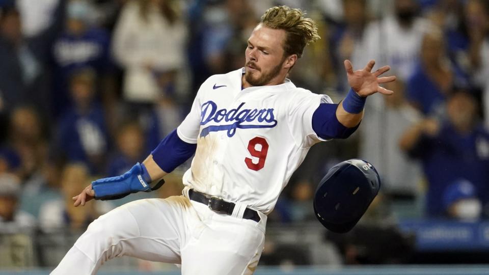 Dodgers' Gavin Lux slides home against the Arizona Diamondbacks on Sept. 13.