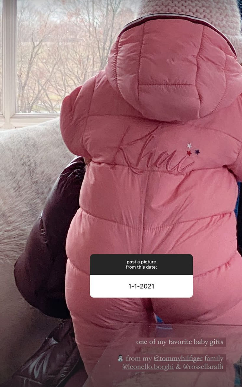 <p>Khai is already the most stylish baby around! Hadid showed off her daughter's custom Tommy Hilfiger snow suit, which has her name embroidered on the back. </p>