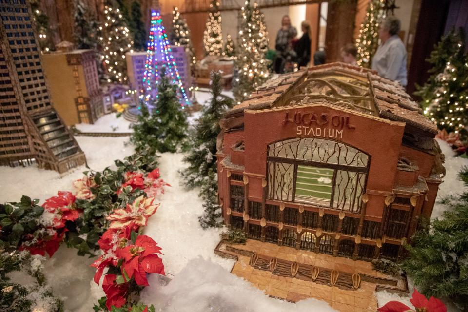 Lucas Oil Stadium, shown in model form at Jingle Rails, a G-scale model train exhibit at the Eiteljorg Museum, Indianapolis, Sunday, Dec. 23, 2018. The show, featuring American and Indianapolis landmarks, plus a trip down historic Route 66, will be on display through January 21. 