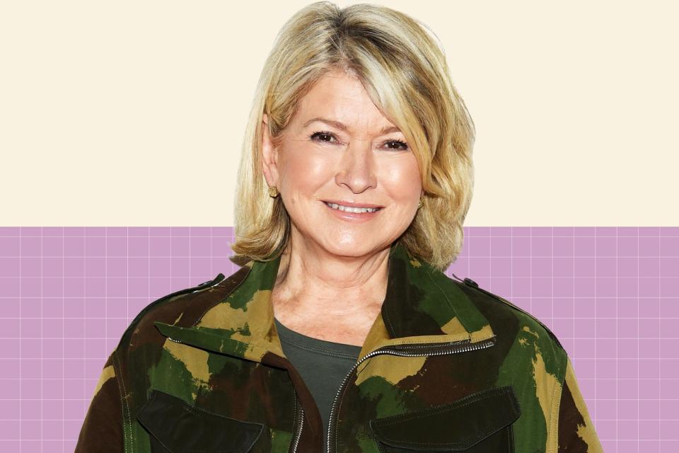 Martha Stewart on a designed background