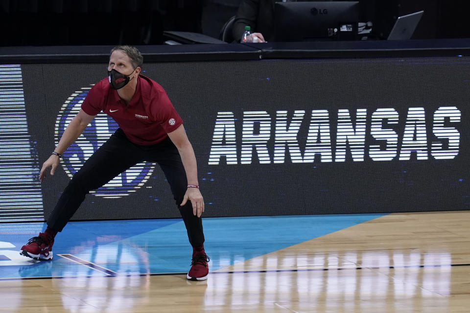 Arkansas head coach Eric Musselman watches from the sideline during the second half of an Elite 8 game against Baylor in the NCAA men's college basketball tournament at Lucas Oil Stadium, Monday, March 29, 2021, in Indianapolis. (AP Photo/Michael Conroy)