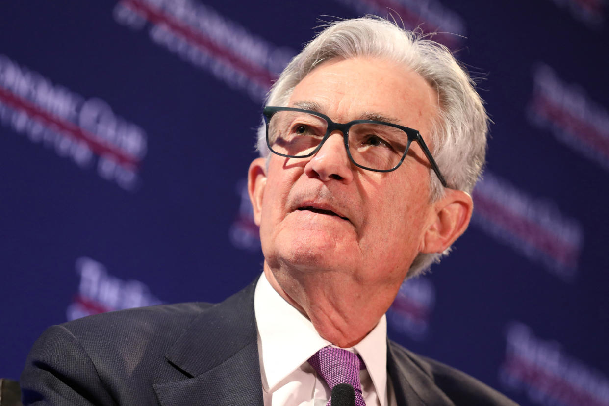 U.S. Federal Reserve Chair Jerome Powell responds to a question from David Rubenstein (not pictured) during an on-stage discussion at a meeting of The Economic Club of Washington, at the Renaissance Hotel in Washington, D.C., U.S, February 7, 2023. REUTERS/Amanda Andrade-Rhoades