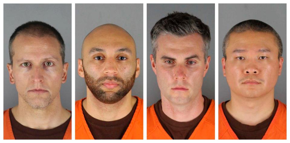 This combination of photos provided by the Hennepin County Sheriff's Office in Minnesota shows Derek Chauvin, left, J. Alexander Kueng, Thomas Lane and Tou Thao - Hennepin County Sheriff's Office