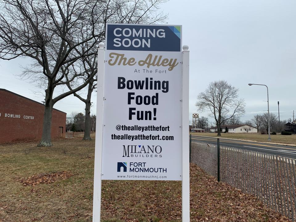 A sign in front of the shuttered Fort Monmouth Bowling Alley in Eatontown advertises a new bowling alley "The Alley at the Fort."