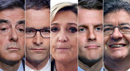 FILE PHOTO: A combination picture shows five candidates for the French 2017 presidential election, from L-R, Francois Fillon, the Republicans political party candidate, Benoit Hamon, French Socialist party candidate, Marine Le Pen, French National Front (FN) political party leader, Emmanuel Macron, head of the political movement En Marche ! (Onwards !), Jean-Luc Melenchon, candidate of the French far-left Parti de Gauche, in Paris, France. REUTERS/Charles Platiau/File Photo