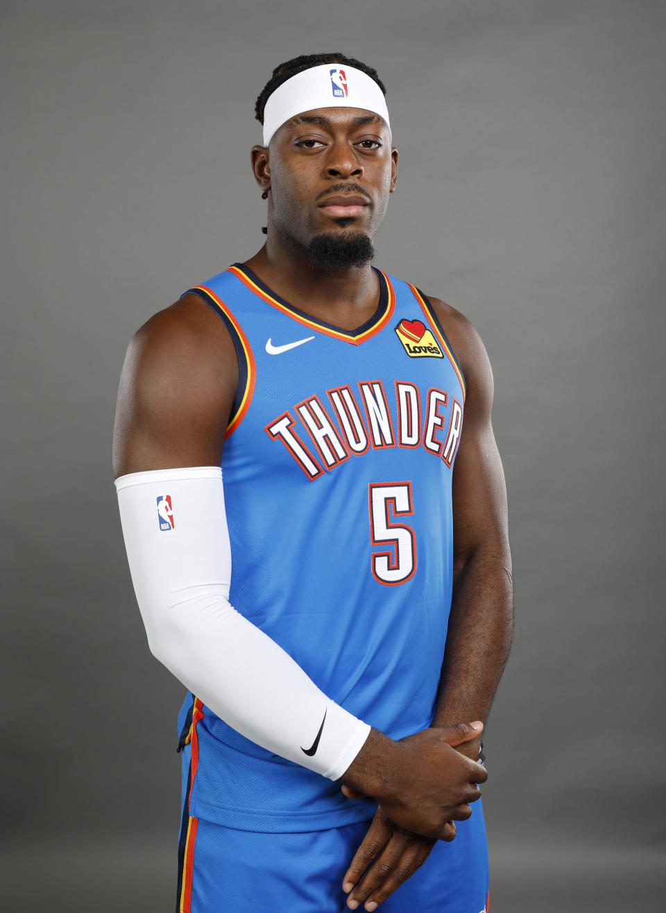 Oct 2, 2023; Oklahoma City, OK, USA; Oklahoma City Thunder guard Luguentz Dort (5) poses for a photo during media day at Oklahoma City Convention Center. Mandatory Credit: Alonzo Adams-USA TODAY Sports