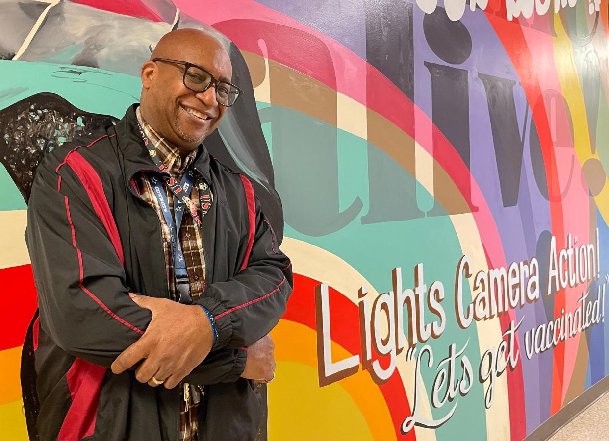 Instructor Michael Bosby stands outside of his classroom at Athens Community Career Academy in Athens, Ga. in April. Bosby's high school audio-visual program became Georgia state certified on April 24.