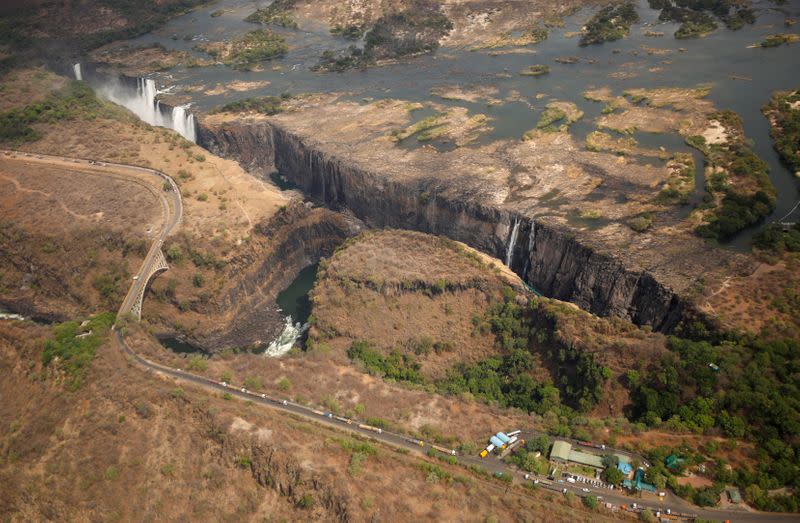 A dry section of the Zambezi river is seen above the gorge on the Zambian side of Victoria Falls