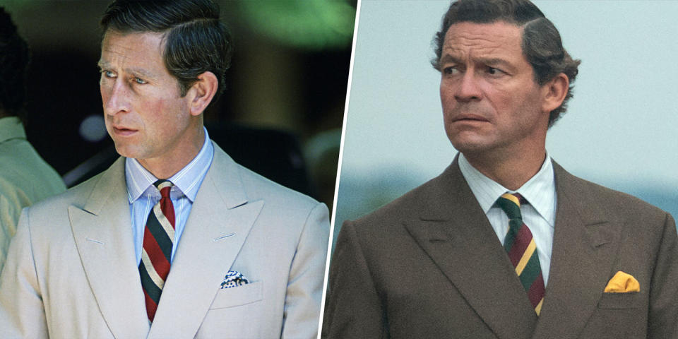 (Left) Prince Charles in 1990. (Right) Dominic West as Prince Charles in Season Five of 