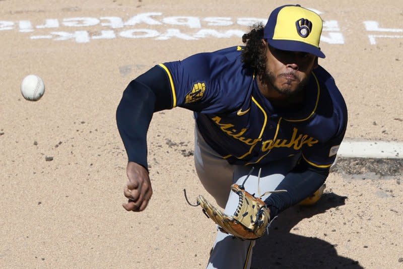 Milwaukee Brewers starting pitcher Freddy Peralta was ejected in the sixth inning of a win over the Tampa Bay Rays on Tuesday in Milwaukee. File Photo by John Angelillo/UPI