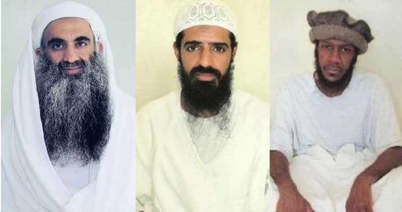 由左到右為穆罕默德（Khalid Sheikh Mohammed）、阿塔奇（Walid bin Attash）、阿爾-豪薩維。（圖／翻攝自推特）