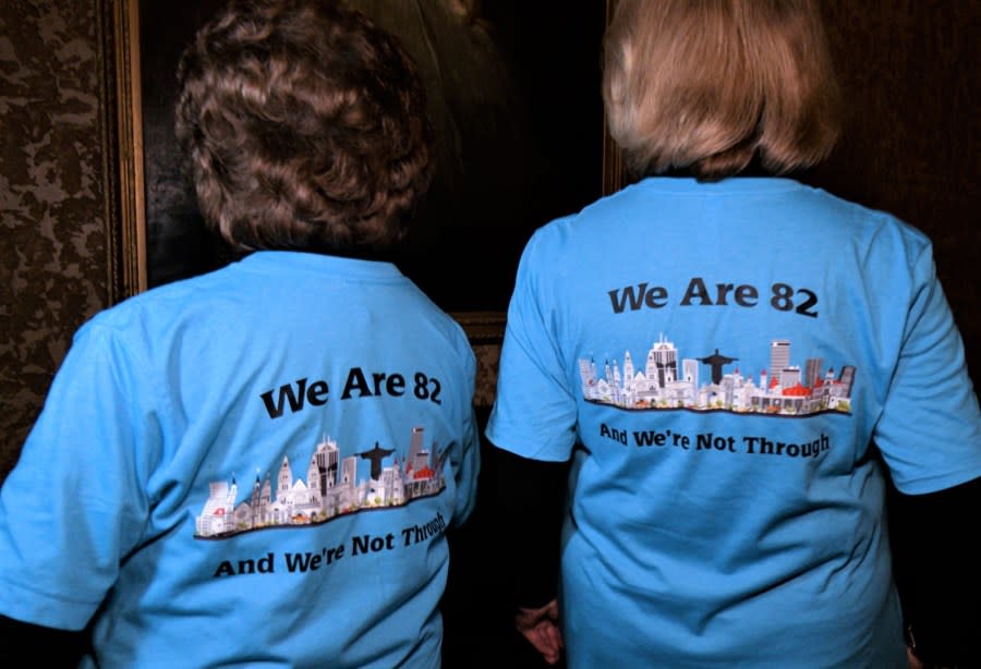 Dr. Sandy Hazelip (left) and Ellie Hamby (right) show off their new trip shirts