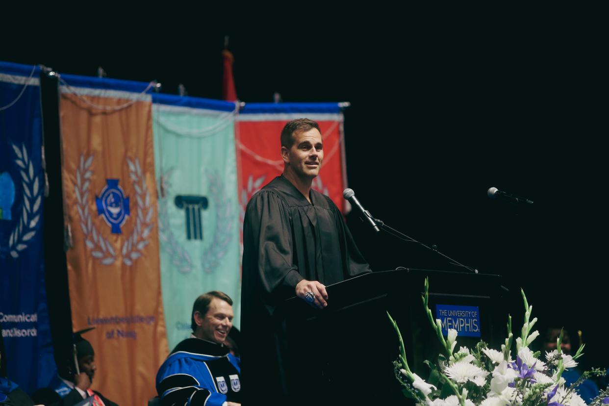 Commencement speaker Stephen Gostkowski, who won three Super Bowl championships with the New England Patriots and played at the University of Memphis, gave a speech during the commencement ceremony for University of Memphis graduates on Saturday, May 04, 2024, at the FedExForum in Downtown Memphis.