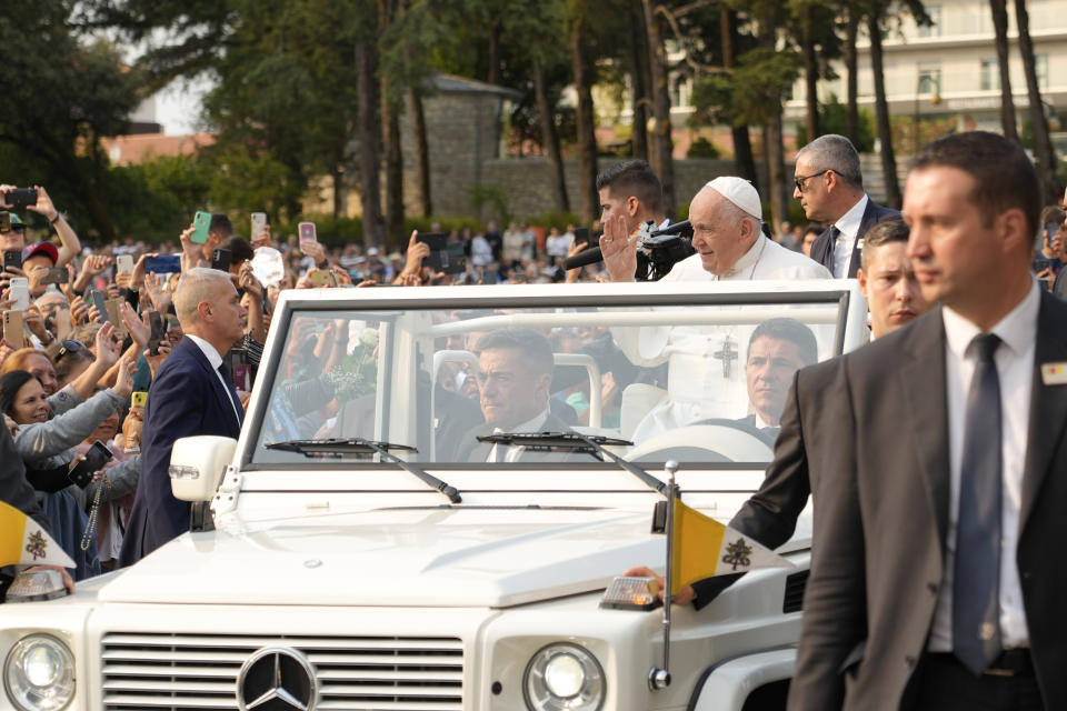 Pope Francis arrives at the Catholic holy shrine of Fatima, in central Portugal, to pray the rosary with sick young people, Saturday, Aug. 5, 2023. Francis is in Portugal through the weekend to preside over the 37th World Youth Day, a jamboree that St. John Paul II launched in the 1980s to encourage young Catholics in their faith. (AP Photo/Gregorio Borgia)