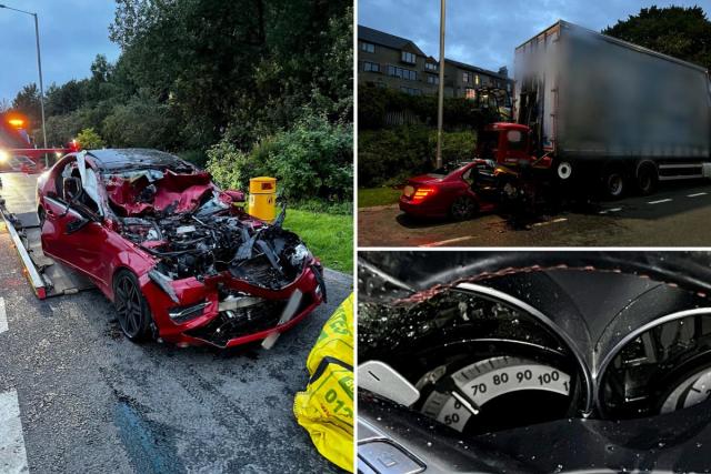 The Mercedes crashed into a parked HGV <i>(Image: Lancs Police)</i>