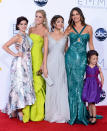 (L-R) Julie Bowen, Ariel Winter, Aubrey Anderson-Emmons, Sarah Hyland and Sofia Vergara, winners Outstanding Comedy Series for "Modern Family," pose in the press room at the 64th Primetime Emmy Awards at the Nokia Theatre in Los Angeles on September 23, 2012.