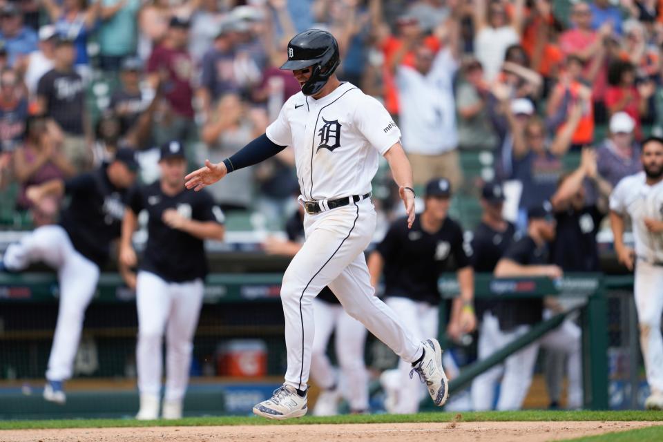 Detroit Tigers' Spencer Torkelson scores on an Eric Haase sacrifice fly against the Chicago White Sox in the 10th inning for a 6-5 win Sunday, May 28, 2023, in Detroit.