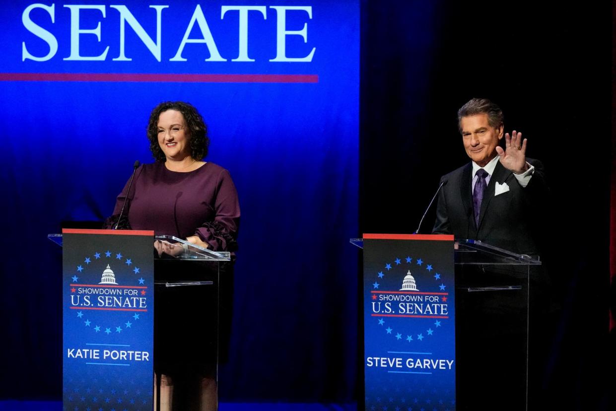 <span>Representative Katie Porter and ex-Dodger Steve Garvey participate in a debate alongside Barbara Lee and Adam Schiff, not pictured, in Los Angeles on 22 January.</span><span>Photograph: Damian Dovarganes/AP</span>