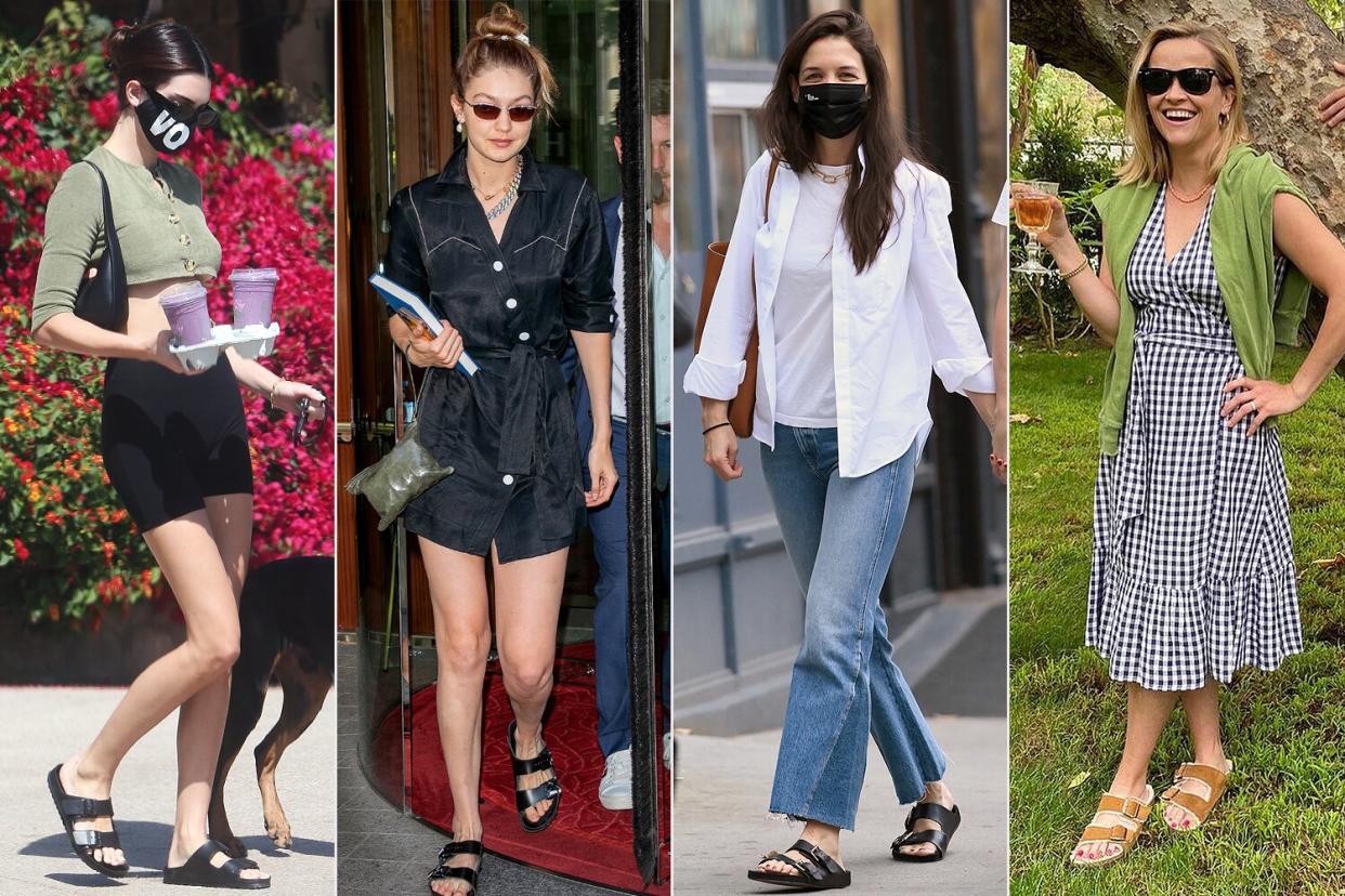 celebs wearing birkenstocks: kendall jenner, gigi hadid, katie holmes, reese witherspoon