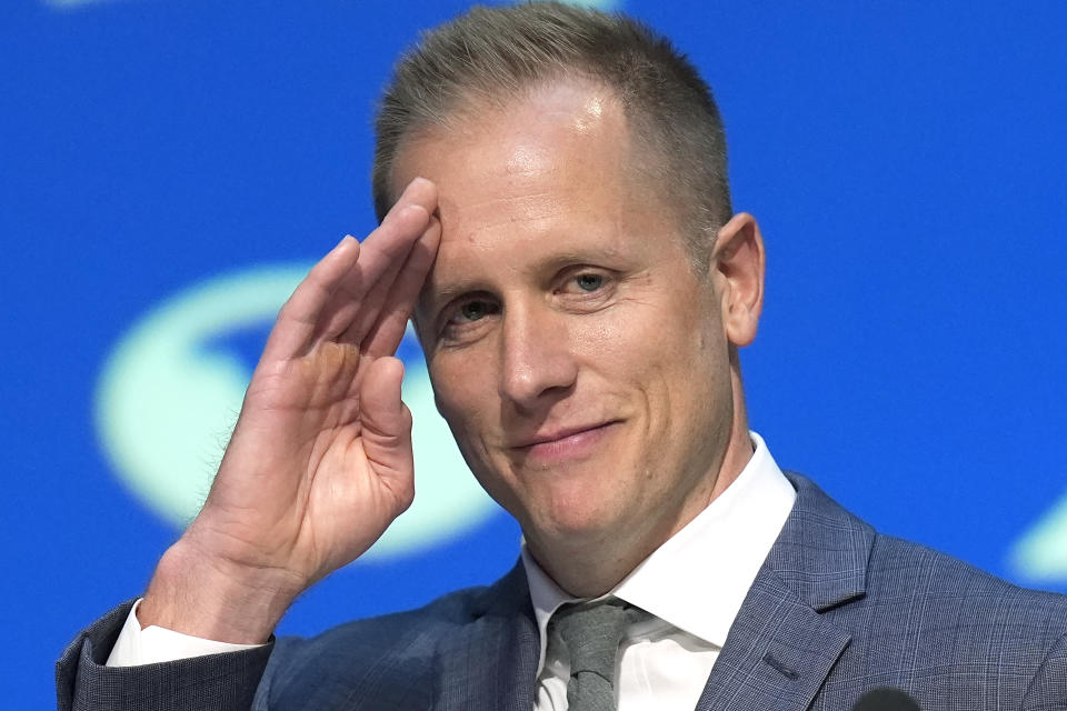 BYU men's basketball coach Kevin Young gestures during his introductory news conference Wednesday, April 17, 2024, in Provo, Utah. (AP Photo/Rick Bowmer)