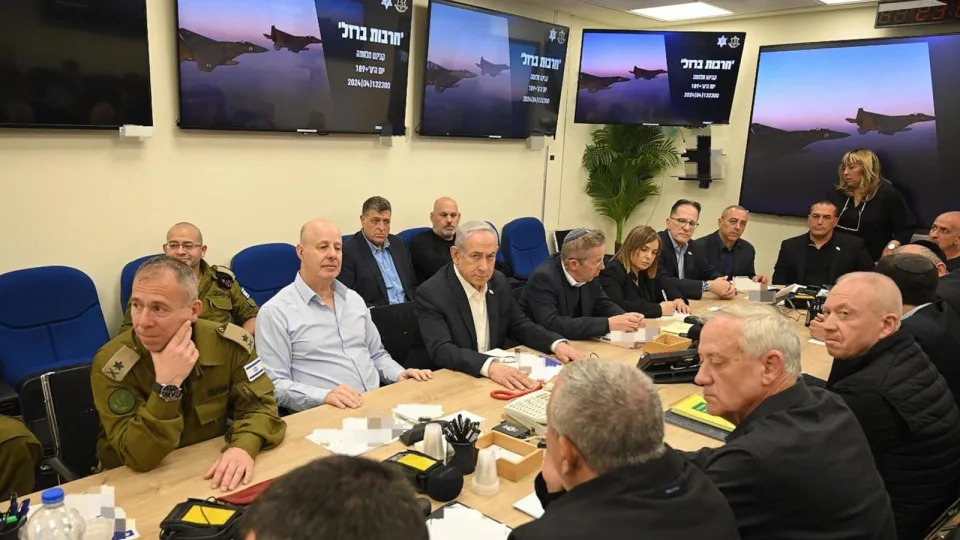 PHOTO: Israel's Prime Minister Benjamin Netanyahu attends a War Cabinet meeting at the Kirya in Tel Aviv, April 14, 2024.  (Israeli Prime Minister Office/AFP via Getty Images)