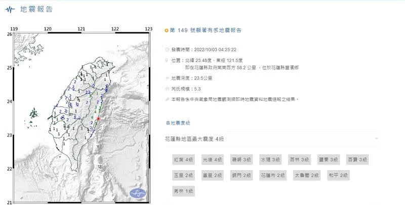 凌晨4時25分發生地震，全台大部分縣市都有感。（圖／翻攝自中央氣象局）