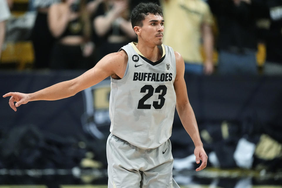 Colorado forward Tristan da Silva gestures after hitting a 3-point basket in the second half of an NCAA college basketball game against Arizona State, Thursday, Feb. 8, 2024, in Boulder, Colo. (AP Photo/David Zalubowski)