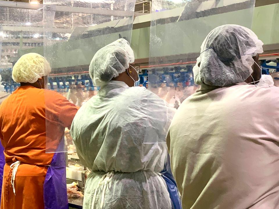 In this April 2020, photo provided by Tyson Foods, workers wear protective masks and stand between plastic dividers at the company's Camilla, Georgia poultry processing plant. Tyson has added the plastic dividers to create separation between workers because of the coronavirus outbreak. (Tyson Foods via AP)