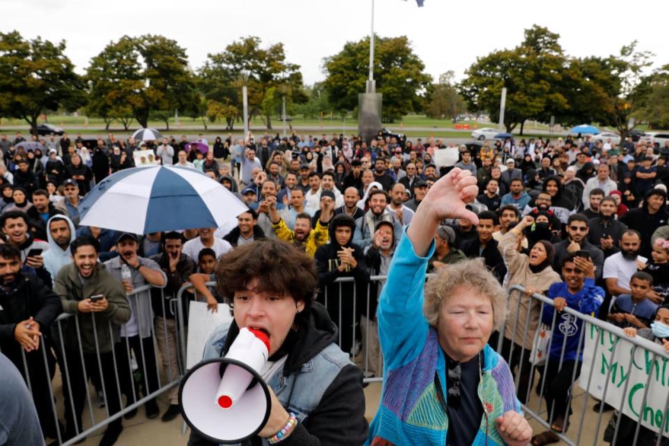 <div class="inline-image__caption"><p>Protestors gathered to support banning books in September outside the Henry Ford Centennial Library in Dearborn.</p></div> <div class="inline-image__credit">JEFF KOWALSKY/AFP via Getty</div>