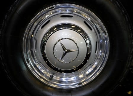 FILE PHOTO: The logo of Mercedes carmaker is seen on wheel at the Top Marques fair in Monaco